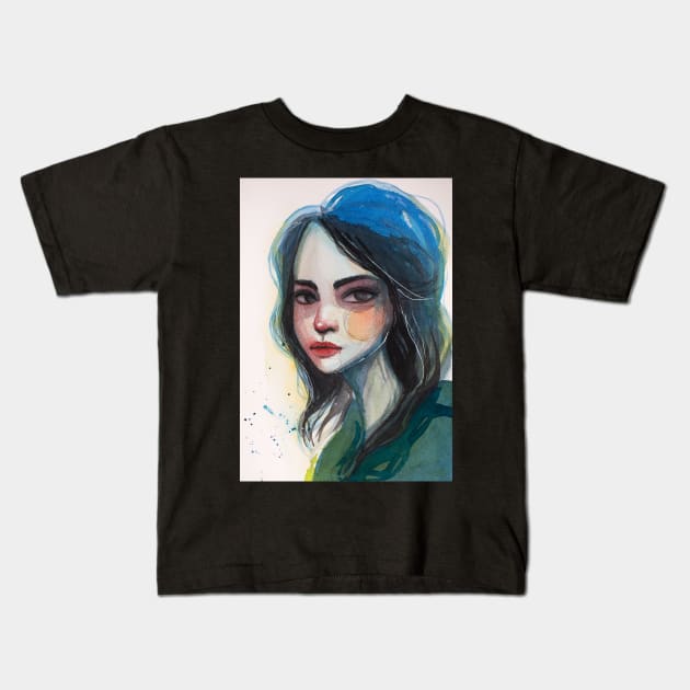 Watercolour portrait of a girl Kids T-Shirt by LoneJensen